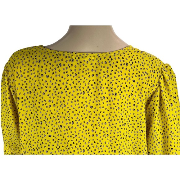 Pleione Anthropologie Yellow Top w/purple Dots LARGE Crochet Trim Ruffle Hem - Picture 9 of 11